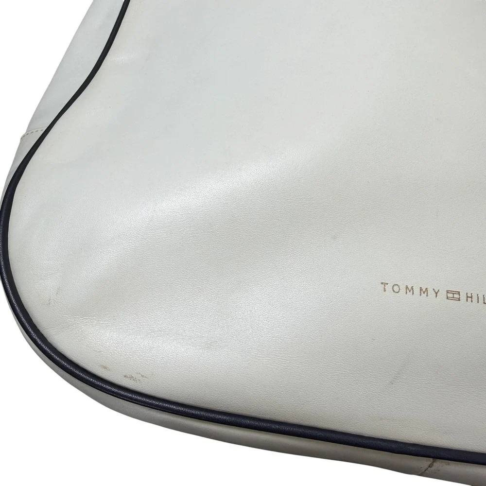 Tommy Hilfiger 100% Leather Cream Hobo Shoulder Bag Scarf‎ Handle White Large
